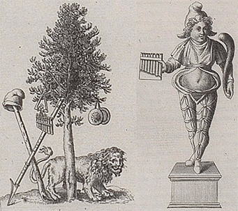 The left illustration shows items associated with Cybele and Attis. The right illustration shows idol of Attis with pan pipe and shepherd's crook.