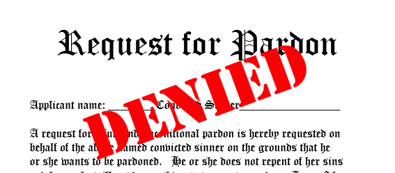 Picture of a pardon request with the word denied stamped across it.
