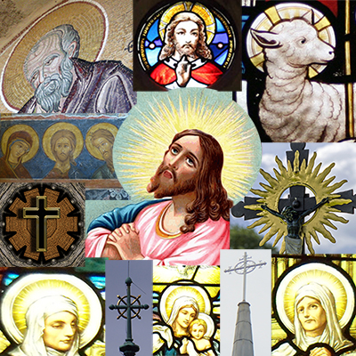 Image showing halos and sunburst on various modern Christian works of art.