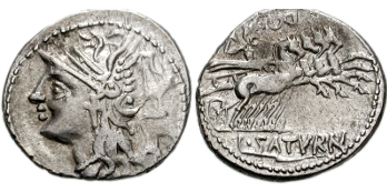 Image showing Saturn driving a quadriga on the reverse of a roman coin.